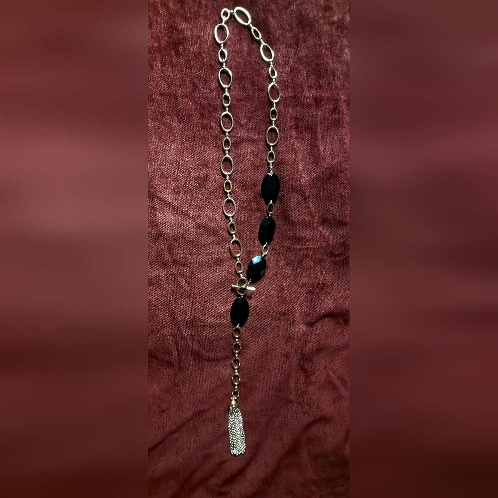 Necklace with Gold links & tassel, Beveled Black Glass crystals.